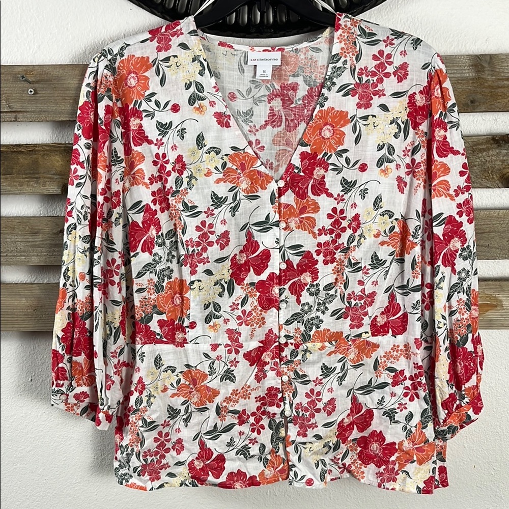 Liz Claiborne Red and Pink Buttoned 3/4 Sleeve Blouse New! Size 1X